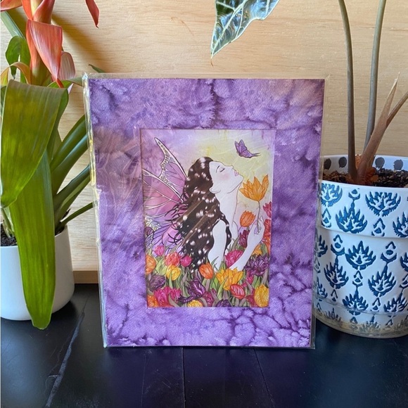 Victoria Spring Tulip Fairy Fae Art Print w/ Purple Watercolor Matting - Picture 1 of 7